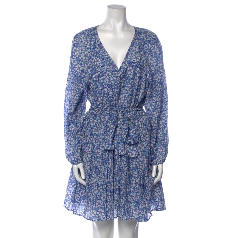 Xirena Hampden floral blue mini dress with long sleeves and v neck- size xs